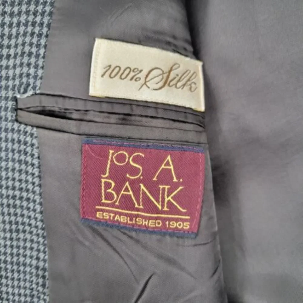 Vintage Jos A‎ Bank 100% Silk Men's L Large Houndstooth Gray Black Blazer Jacket